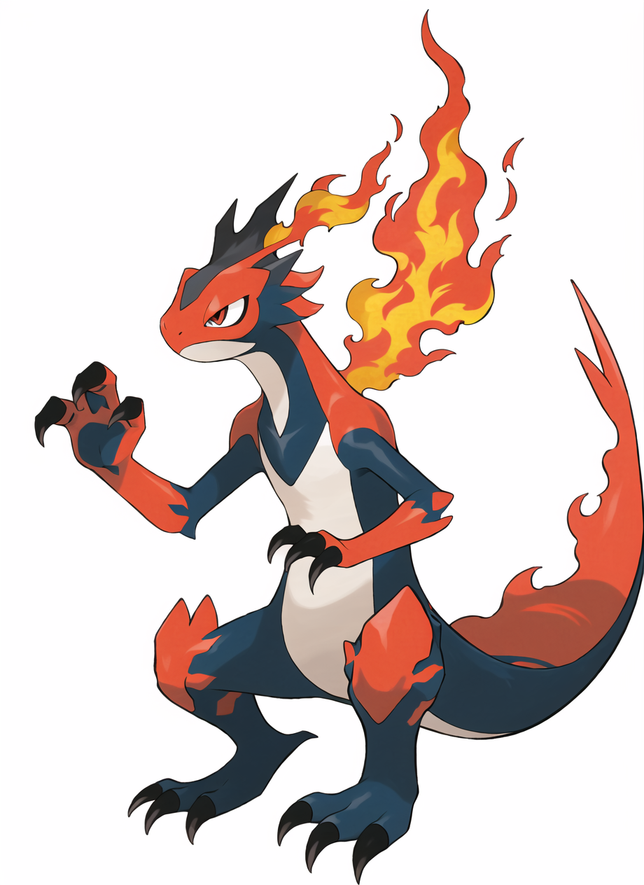 3978523947-3187489597-sugimori ken _(style_), fire pokemon, lizard, full body, no humans, claws, white background, red body,  ((masterpiece)).png